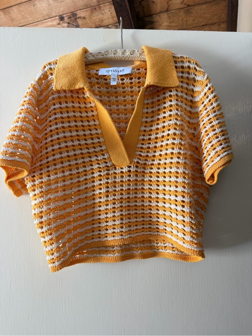 Derek Lam Yellow and White Striped Knit Polo Crop Top